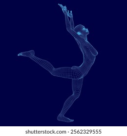 Woman is dancing in the air with her arms outstretched. The image is in blue and the woman is the main focus