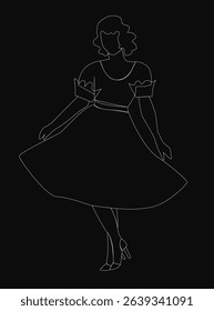 A woman is dancing in a black dress. The dress is long and flowing, and the woman is wearing high heels. The image has a vintage feel to it, and the woman's pose suggests that she is enjoying herself