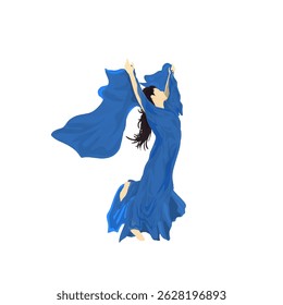 woman dancing in blue dress and silk scarf without background