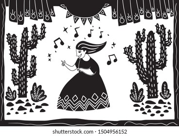 woman dancing in a cactus desert in the hot sun. illustration of cordel style