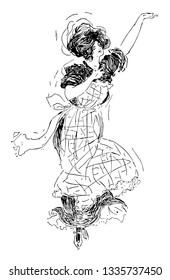 Woman Dancing is complicated to be captivating and sweet lady getting down to Bruno probably shot at night, vintage line drawing or engraving illustration.