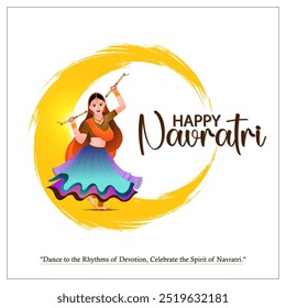  Mujer bailando con palos de dandiya vestida con un atuendo colorido rodeado por un círculo amarillo Probablemente una tarjeta de felicitación o cartel de Navratri Texto Feliz Navratri y Baile a los ritmos de la devoción