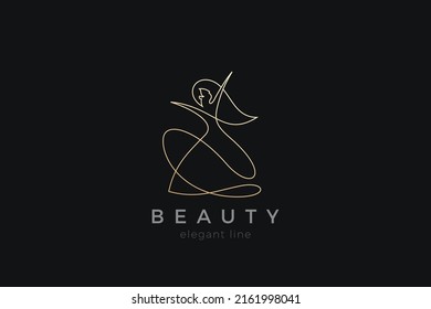 Woman Dancing Elegant Girl Logo design Silhouette vector template Linear Outline style. Luxury Fashion Clothes Boutique Shop Logotype concept icon.