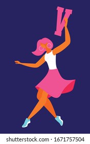 Woman dancing with english capital letter V. Flat happy character
