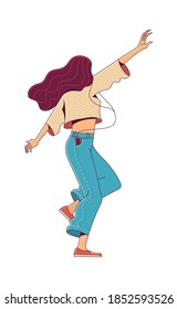 Woman dancing and enjoying music on white background vector illustration. Happy female cartoon character. Good mood and positive thinking flat drawing