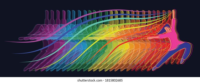 Woman dancing exercise with motion graphic in rainbow shading gradient color with speed line from hand movement , illustration