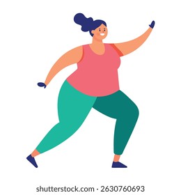 Woman dancing and exercising in a colorful, flat style