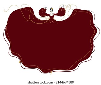 Woman dancing flamenco banner with copyspace for text. Simple graphics of a female dancing silhouette in a red dress, template for dancing, party. Flat vector illustration.