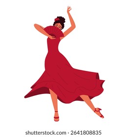 woman dancing flamenco. Red dress, hair in a bun, fan, graceful movements. Modern illustration