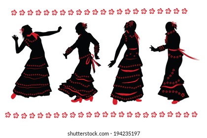 Woman dancing flamenco. Set of black and red silhouettes on white background.