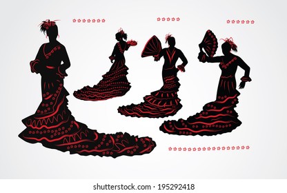 Woman dancing flamenco. Set of black and red silhouettes on whit