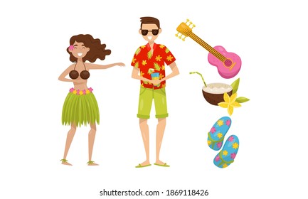 Woman Dancing in Hawaiian Clothing and Man Drinking Refreshing Cocktail Vector Illustration Set
