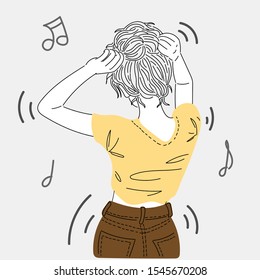 Woman dancing to her favorite song.Doodle art concept,illustration painting