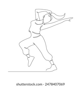 Woman dancing hip hop continuous line drawing of a woman energetic hip-hop dancer practicing.