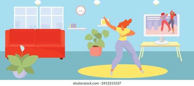 Mujer bailando en casa siguiendo clases en línea. Alegre actividad interior, practicar movimientos con instructor virtual. Gimnasio y diversión en la ilustración vectorial de la sala de estar.