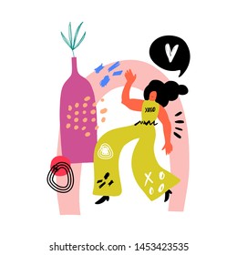 Woman dancing at home. Vector flat illustration