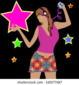 woman dancing and listening to music from your device with headphones.