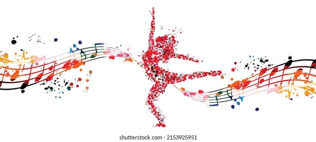 Woman dancing made of musical notes. Red musical notes dancer performer with musical staff vector illustration design	