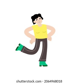Woman dancing. Minimalist happy female character having fun. Movement pose. Girl in casual clothes. Trendy modern isolated illustration