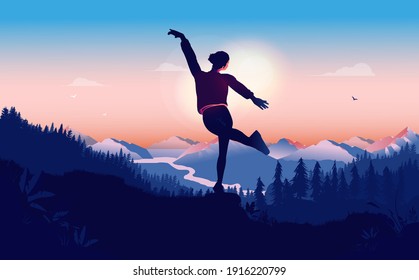 Woman dancing in nature with mountains, sunrise and landscape. Happiness and wellbeing concept. Vector illustration.