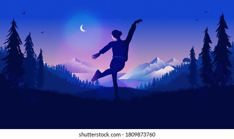 Woman dancing in nature at night - Female person jumping happily in forest with view to mountains and moon in sky. Happy girl, enjoying nature, and staying up at night concept. Vector illustration.