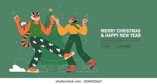 Woman dancing on party with tiger symbol of new 2022 year. Character celebrate christmas or winter holidays together near christmas tree. New year banner, web site or page greeting, poster or card.