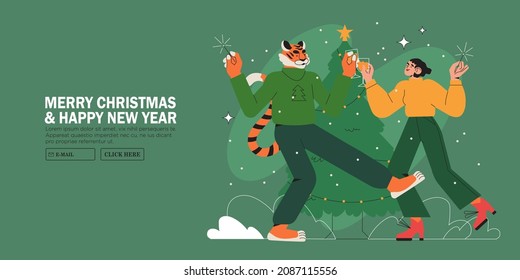 Woman dancing on party with tiger symbol of new 2022 year. Character celebrate christmas or winter holidays together near christmas tree. New year banner, web site or page greeting, poster or card.