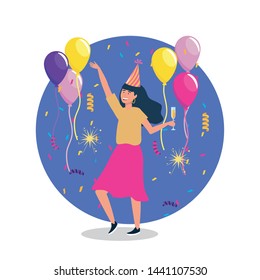woman dancing with party hat and balloons