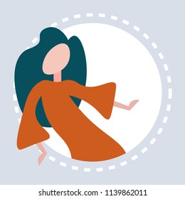 woman dancing pose round frame gray background faceless female cartoon character portrait flat vector illustration