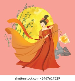 Woman dancing with rabbit lantern during Mid-Autumn Festival