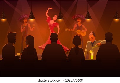 Woman Dancing Salsa In Bar. Vector Illustration Of Young Woman Dancing Salsa On Stage In The Bar.