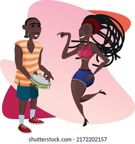 woman dancing samba while man play the tambourine