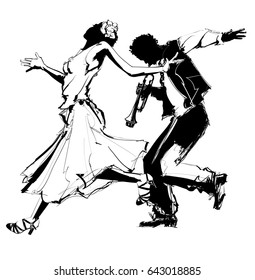 Woman dancing with a trumpet player - vector illustration