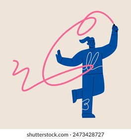 Mujer bailando usando una cinta. Ilustración vectorial colorida
