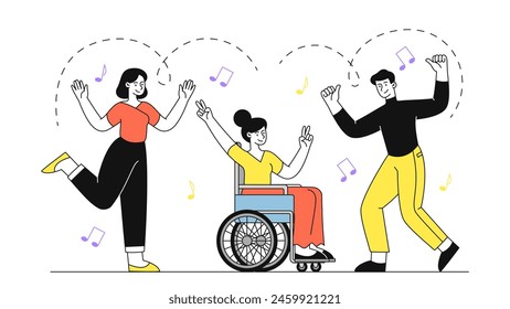 Woman dancing at wheelchair simple. Young girl dance with man. Active lifestyle and leisure. People at party, holiday and festival. Doodle flat vector illustration isolated on white background