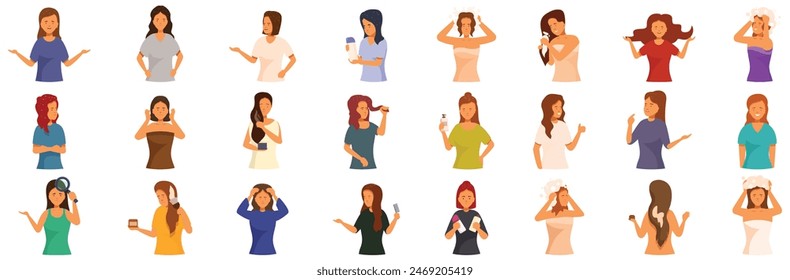 Woman dandruff icons set vector. A collection of women in various outfits and hairstyles. Some are talking on cell phones, while others are brushing their hair or putting on makeup