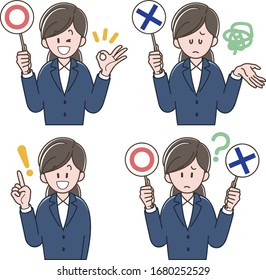 Woman in a dark blue suit holding the correct or incorrect answers,Vector illustration set