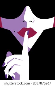 Woman in dark glasses holding a finger to her lips asking for discretion or to hold a secret, EPS 8 vector illustration 
