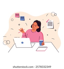 Woman with dark hair drinks coffee, holds a pen and communicates on a computer, notes on the wall, a flat illustration, business situation	