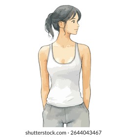 A woman with dark hair in a ponytail, wearing a white tank top and gray pants, illustrated in a watercolor style.