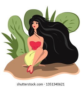 A woman with dark hair sits on the lawn leaning on her arms. Illustration in flat style