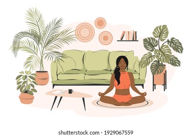 Woman with dark hair sitting cross-legged in her room or apartment, practicing yoga and enjoying meditation. Concept illustration for yoga, meditation, relax, recreation, healthy lifestyle, stay home.