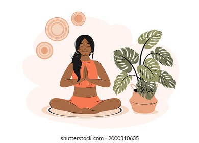 Woman with dark hair sitting in her room, practicing yoga and meditation.Girl in namaste pose exercise. Meditation health benefits for body and mind. Vector illustration