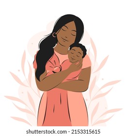 Woman with dark hair and skin is holding newborn baby. Family, maternity and breastfeeding concept. Happy Mother's Day. Vector illustration.