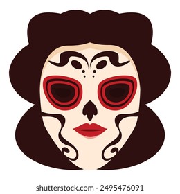 Woman with dark hair wearing traditional calavera makeup for day of the dead festivities