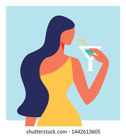 Woman with Dark Hair in Yellow Dress Drink Cocktail Training for Women. Vector Illustration. Silhouette Dress Case. Woman with Cocktail in Hand on Blue Background. Summer Romantic Look. Cocktail Party