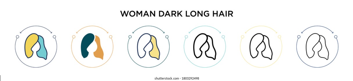 Woman dark long hair icon in filled, thin line, outline and stroke style. Vector illustration of two colored and black woman dark long hair vector icons designs can be used for mobile, ui, web