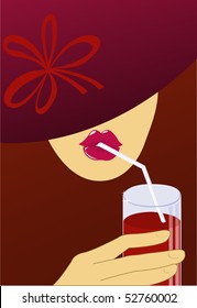 A woman in a dark red hat drinks through a straw red drink