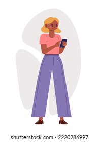 Woman with dark skin and blonde hair is using smartphone and calling. Character in cartoon flat style. Vector illustration isolated on white background.