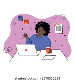 Woman with dark skin and curly hair drinks coffee, holds a pen and communicates on a computer, notes on the wall, a flat illustration, business situation	